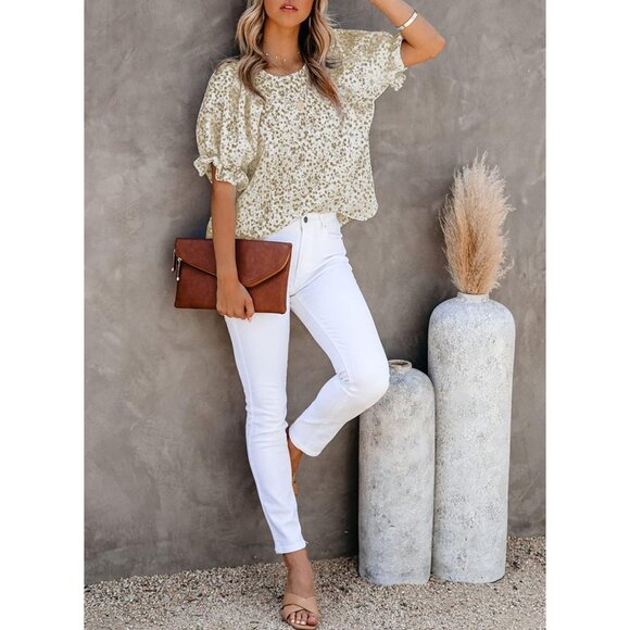 Women Khaki Print Blouse Crewneck Smocked Puff Sleeve Shirts Casual Babydoll Top - Picture 5 of 7